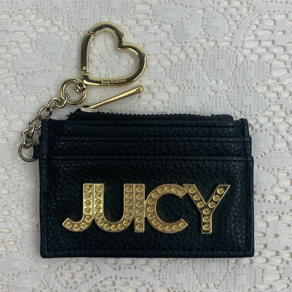 Juicy Couture Keychain Card Holder Wallet Zip close Heart clasp Black Gold